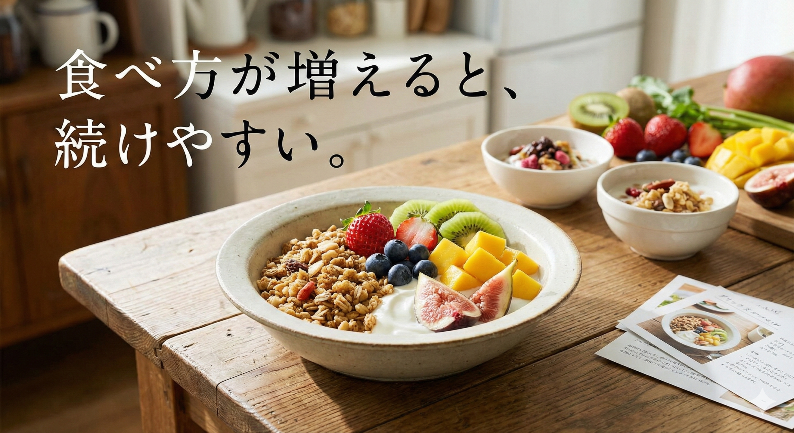 ボウルに盛ったグラノーラ+ヨーグルト+季節フルーツ。