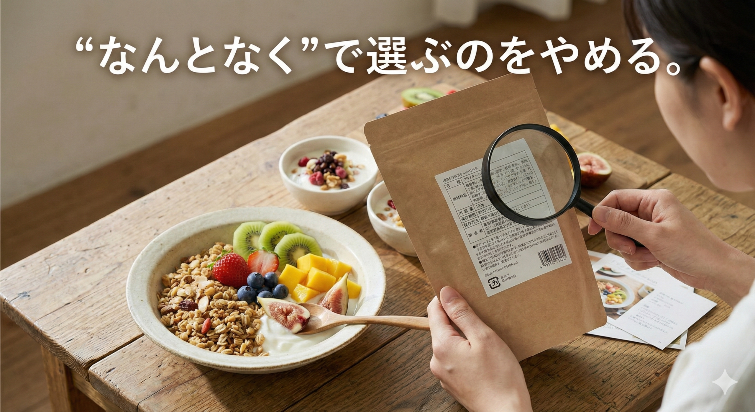 原材料ラベルを見ている手元+ボウル。