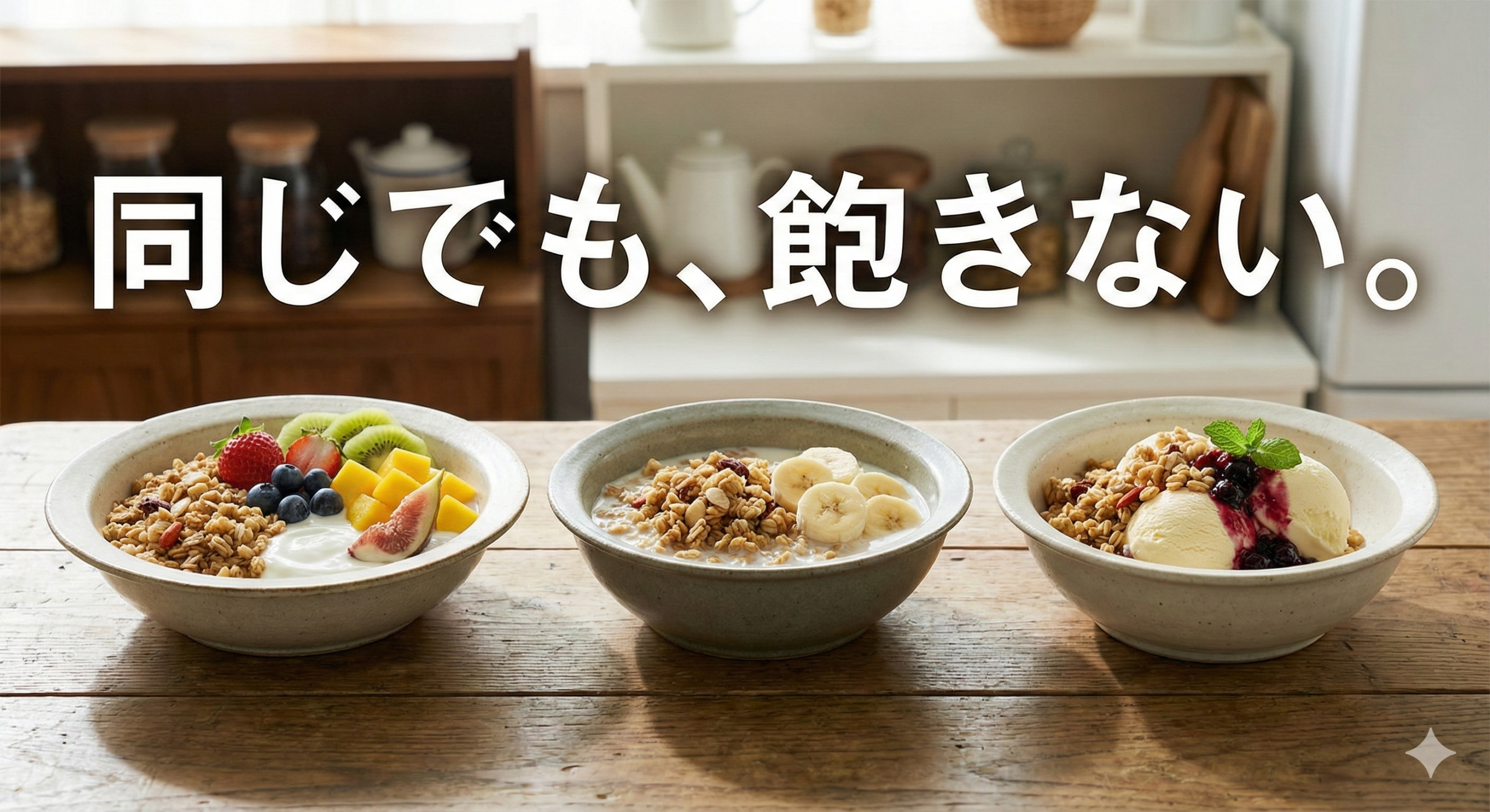 同じグラノーラを3皿（ヨーグルト/ミルク/デザート）で並べる。「同じでも、飽きない。」